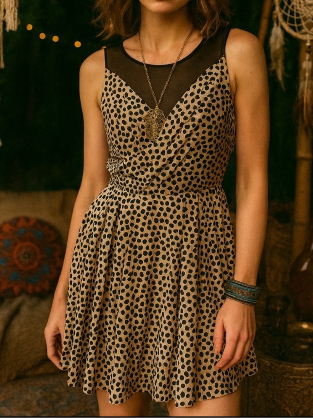 NWT BCBG Tan Black Illusion Chai Combo Pleat Polkadot Skater Mini Satin Dress